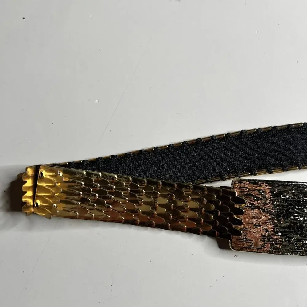80s Metal Elastic Fashion Belt Womens One Size Gold Textured Skinny Waist Cinch - Picture 4 of 6